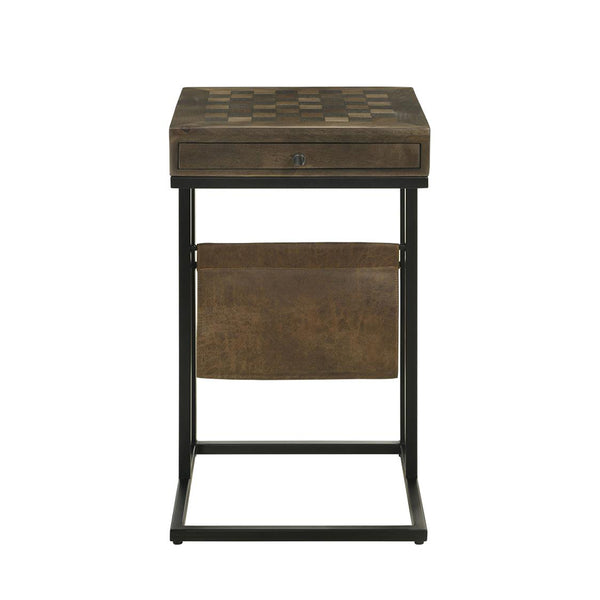 English Elm 1 Drawer Side Table with Leatherette Sling Tobacco Rustic Chessboard Top, Iron Frame, Drawer Storage B016P384808