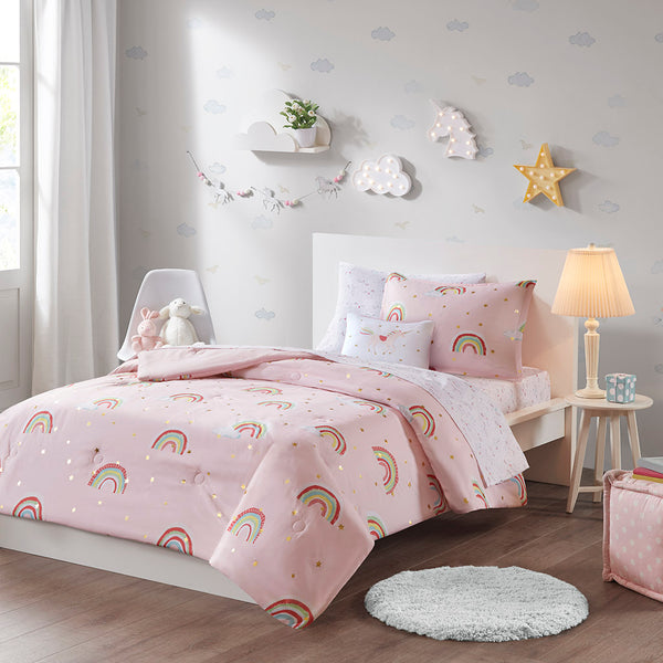 JLA Home Mi Zone Kids - Rainbow Dream Comforter Set with Gold Metallic Stars, Unicorn Sheets, Hypoallergenic OEKO‑TEX Care-friendly Pink MZK10-171