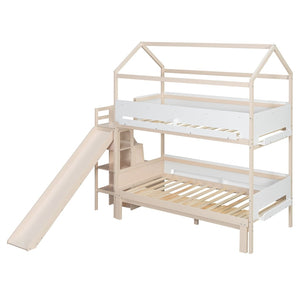 English Elm House-shaped Pine Bunk Bed with Built-in Slide Storage Staircase Twin Over Full Kids Frame Beige+White N820S00082A