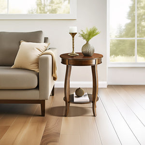 English Elm Aberta Round Walnut Accent Table with Cabriole Legs, Open Bottom Shelf, Solid Veneer Top – Stylish B2726P281894