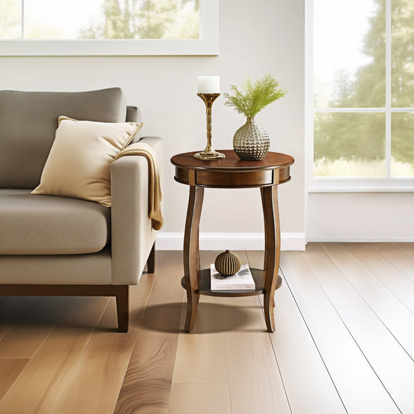 English Elm Aberta Round Walnut Accent Table with Cabriole Legs, Open Bottom Shelf, Solid Veneer Top – Stylish B2726P281894