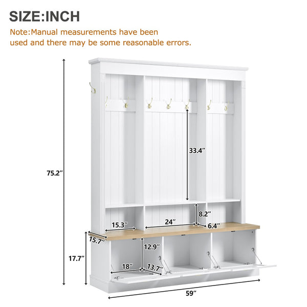 English Elm Farmhouse Hall Tree with Triple Arch Back Panel Eight Hooks Drawers and Entryway Bench White N721S000062K
