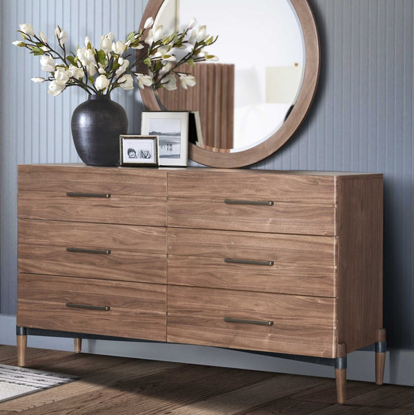 English Elm Tranquility Six Drawer Walnut Veneer Dresser with Tapered Legs and Bronze Hardware B108P411443