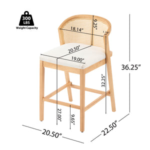 English Elm Christopher Knight Home® - Tatti Plush Padded Counter Stool Set of 2 with Rattan-Accented Curved Back and Wood Frame, Cozy Beige,Natural N775P271407N
