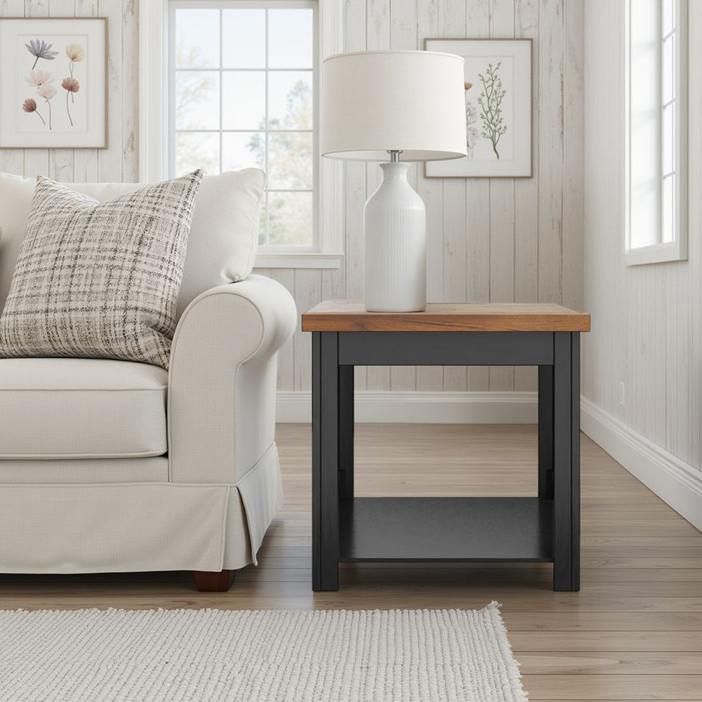 English Elm 24 inch Rustic Farmhouse Side Table Fully Assembled in Black & Whiskey Two-Tone Finish, Shelf Included B108P160148