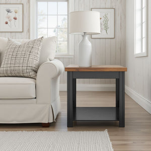 English Elm 24 inch Rustic Farmhouse Side Table Fully Assembled in Black & Whiskey Two-Tone Finish, Shelf Included B108P160148