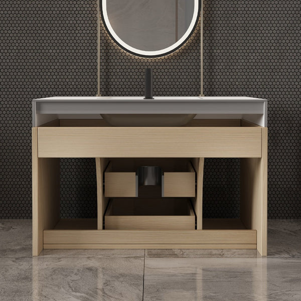 English Elm 29.9" Floating Bathroom Vanity Sintered Stone Top Soft Close Drawers Bronze Gold Hardware White+Black,Wood W3136S00035