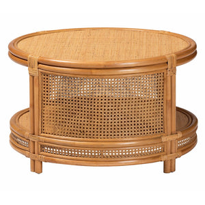 English Elm Modern Rattan Round Coffee Table with Open Weave Frame and Lower Shelf for Living Rooms B2750P467693