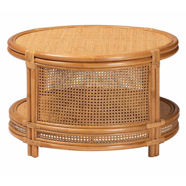 English Elm Modern Rattan Round Coffee Table with Open Weave Frame and Lower Shelf for Living Rooms B2750P467693