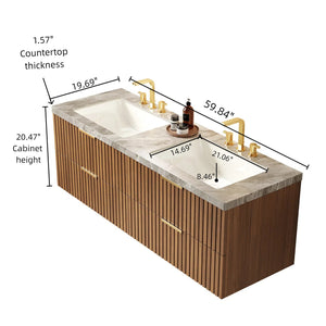 English Elm ELIO 60" Wall-Mounted Double Basin Vanity with Sintered Stone Top, Oak Veneer Drawers, Preassembled W2615P279351