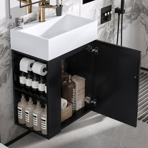 English Elm 20 Modern Wall-Mounted Bathroom Vanity with Ceramic Sink, Diamond Door, Gold Handles & Shelves — Compact Black N725P314033B