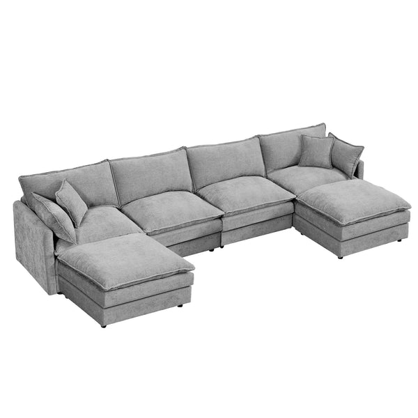 English Elm Modular U-Shaped Sectional Sofa – 130.7 Inch Comfy Chenille Couch With Movable Ottomans, Grey W1359S00040