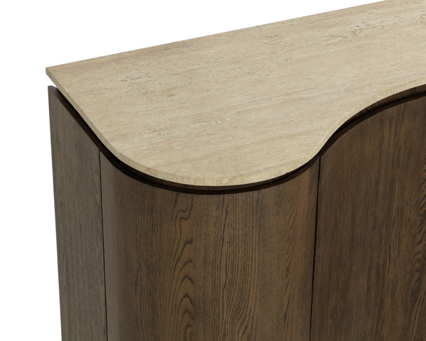 Sunpan FABLE Sideboard: Elegant Solid Oak Storage with Curved Design and Travertine Top for Modern Homes 112360