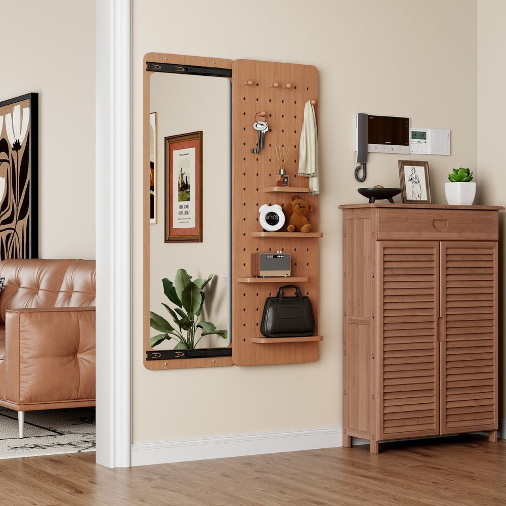 English Elm 47.6 Inch Rubberwood Wall Mirror with Sliding Panel Storage for Bedroom or Entryway W2987P438124