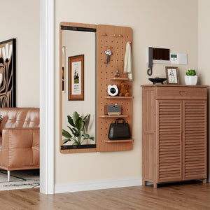 English Elm 47.6 Inch Rubberwood Wall Mirror with Sliding Panel Storage for Bedroom or Entryway W2987P438124