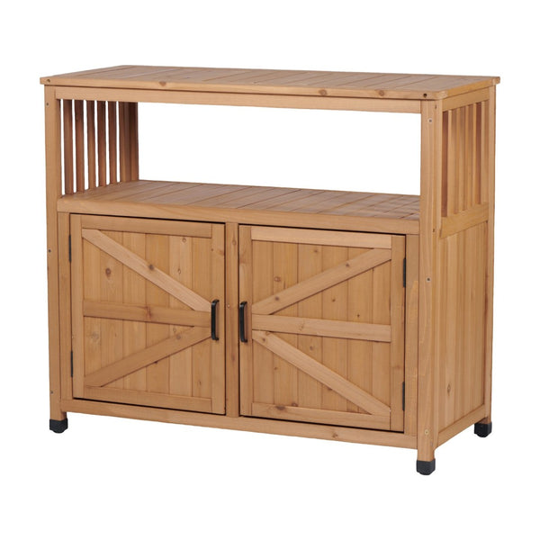 English Elm Wooden Solid Bar Height Buffet Cabinet with Slatted Panels for Patio or Dining Room W2640P330336