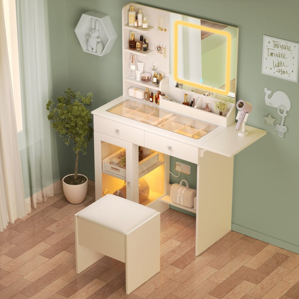 English Elm Small Vanity Desk With Adjustable Led Mirror, Usb Charging, And Organized Storage – Perfect For Compact Spaces W3767P360334-GIGA
