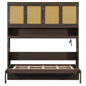 English Elm Twin Murphy Bed with Rattan Cabinet Doors Led Lighting and Usb Charging for Small Spaces Espresso LP000740AAP