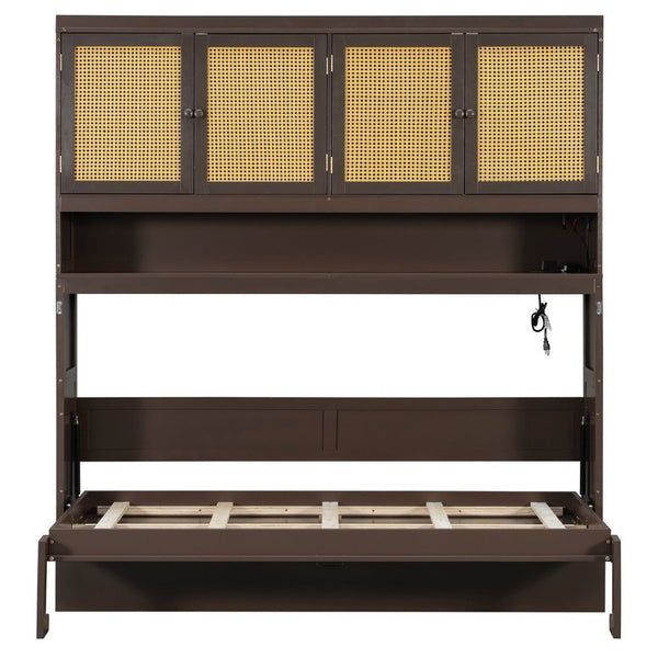 English Elm Twin Murphy Bed with Rattan Cabinet Doors Led Lighting and Usb Charging for Small Spaces Espresso LP000740AAP