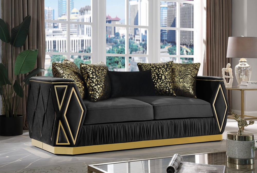 English Elm Cavalli Diamond Upholstered Sofa and Loveseat Set with Gold Accents for Modern Living Black+Gold B009S02182