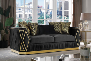 English Elm Cavalli Diamond Upholstered Sofa and Loveseat Set with Gold Accents for Modern Living Black+Gold B009S02182