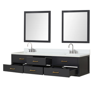 English Elm Black Double Bath Vanity 84" W X 22" D With White Quartz Top, Chrome Faucets & Matching Mirrors Set B2731S01849
