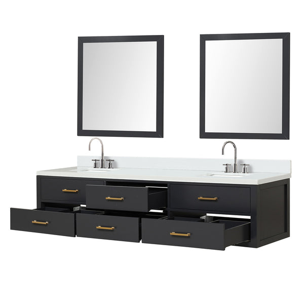 English Elm Black Double Bath Vanity 84" W X 22" D With White Quartz Top, Chrome Faucets & Matching Mirrors Set B2731S01849
