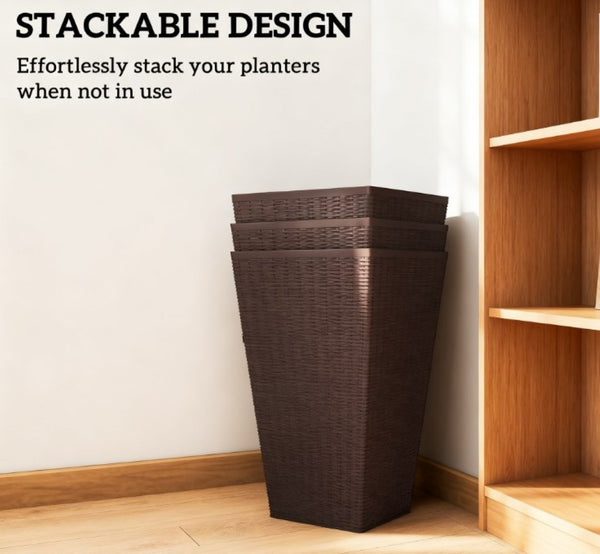 English Elm Outdoor Tall Rattan Style Column Planters Set of 3 Uv Resistant Pp with Drainage T3971P423342