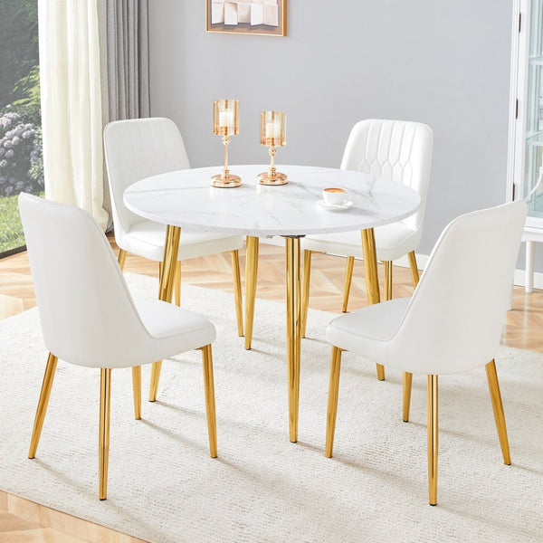 English Elm Table and Chair Set Extendable Round Mdf Dining with Gold Legs Four Pu Seats W1151S03954