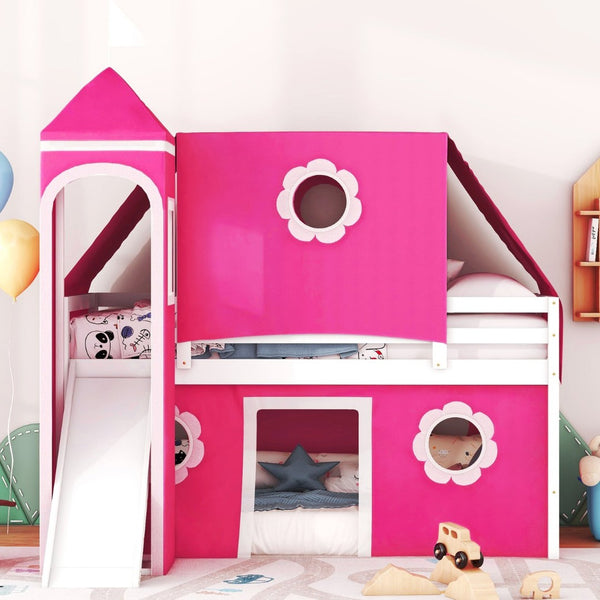 English Elm Twin Castle Loft Bed with Slide Tent Tower and Play Space for Kids Rooms Pink N708P249511H