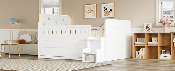 English Elm Wooden Full Bed Frame with Led Headboard Four Storage Drawers and Ladder Shelf White N7090004028K