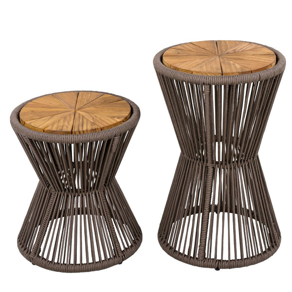 English Elm Scott Living Nara Outdoor Acacia Wood Side Tables with Woven Rope Iron Frame Set Dark Grey,Teak N770PS2354692D