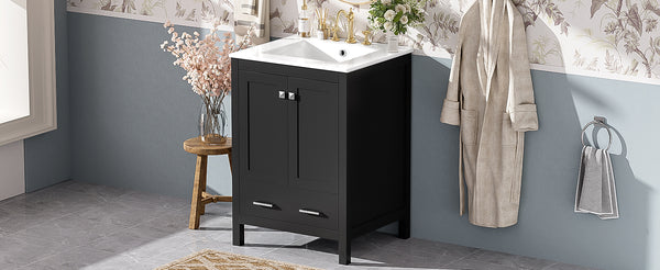 English Elm 24-inch Modern Bathroom Vanity with Ceramic Sink, Soft-Close Doors, Drawer Divider & Ample Storage Black N729P299440B