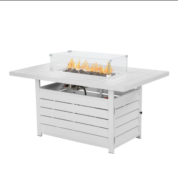 English Elm 54.3 Inch Aluminum Rectangular Propane Fire Table with Convertible Lid for Patio White B082S00070