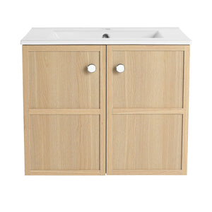 English Elm 24" Modern Wall Vanity with Ceramic Sink, Oak Plywood Cabinet, 2 Soft-Close Doors, Handles Included W1972S00021