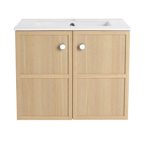 English Elm 24" Modern Wall Vanity with Ceramic Sink, Oak Plywood Cabinet, 2 Soft-Close Doors, Handles Included W1972S00021
