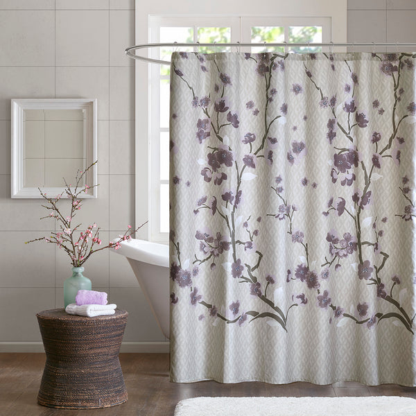 JLA Home Madison Park - Cotton Madison Park Holly Cherry Blossom Shower Curtain 100% OEKO‑TEX Cotton 72x72 Purple Grey Floral Elegance MP70-4172
