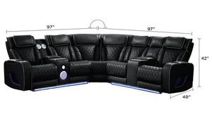 English Elm Fortuner Modern power recliner sectional with massage, Bluetooth speakers, LED lighting, USB charging, storage Black B009S01796