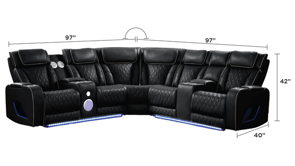 English Elm Fortuner Modern power recliner sectional with massage, Bluetooth speakers, LED lighting, USB charging, storage Black B009S01796