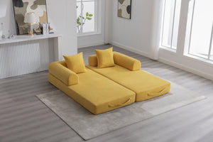 English Elm UNITED modular foldable sofa with metal frame, corduroy upholstery, side pocket & quick assembly convenience Mustard yellow W1568P375635