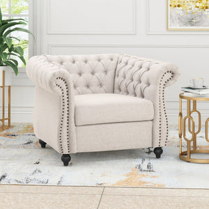 English Elm Christopher Knight Home® - Chesterfield Velvet Club Chair with Birch Wood Legs — Luxurious Textures, Deep Comfort, Elegant Accent Seating Beige 34.75 L x 34 W x 24.75 H 66583.00FBGE