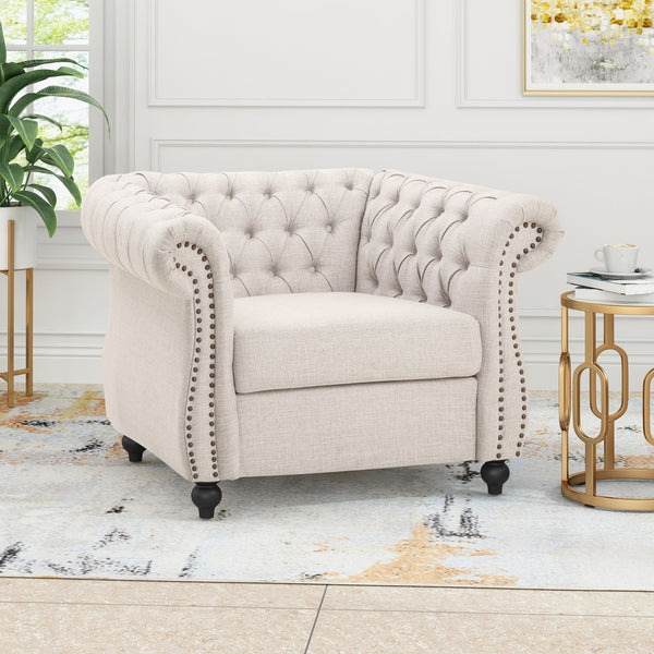 English Elm Christopher Knight Home® - Chesterfield Velvet Club Chair with Birch Wood Legs — Luxurious Textures, Deep Comfort, Elegant Accent Seating Beige 34.75 L x 34 W x 24.75 H 66583.00FBGE