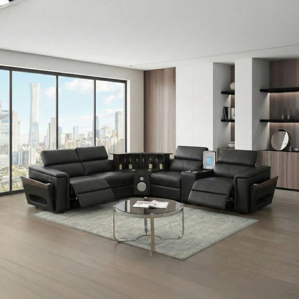 English Elm Nova Entertainment Sectional Sofa with Led Bar Fridge Console and Bluetooth Speaker Black B009S02164