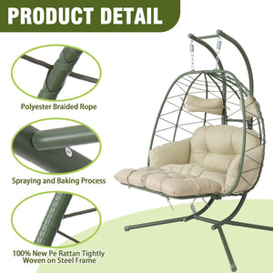 English Elm 2 Person Wicker Hanging Egg Chair with Stand Padded Swing for Patio or Garden T5880P500220