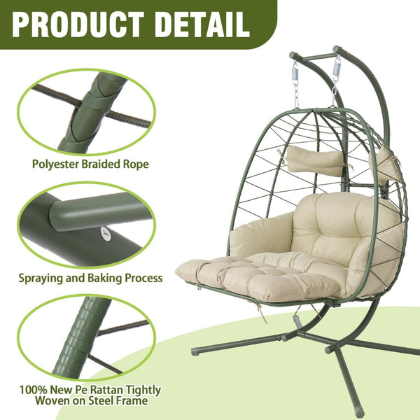 English Elm 2 Person Wicker Hanging Egg Chair with Stand Padded Swing for Patio or Garden T5880P500220