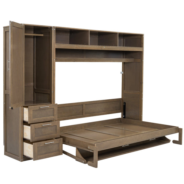 English Elm Full Full Size Murphy Bed with Wardrobe, Drawers & Open Shelves in Antique Wood—Space Saving Solution GX000388AAE