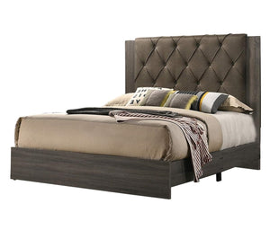 English Elm Contemporary Queen Size Bed With Tufted Upholstered Headboard In Gray Rubberwood Finish - Cozy Design B011P236787