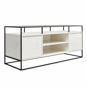 English Elm Camley Industrial Media Console with Fluted Glass Panels and Open Component Shelving B2733P444609