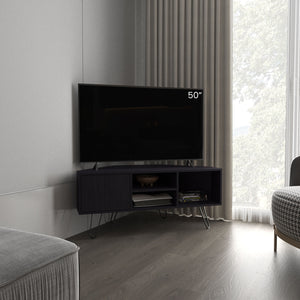 English Elm Lancaster Corner TV Stand with Two Shelves & Two Cabinets, Black MDF, Cable Management, Space-Saving Design B200P335349