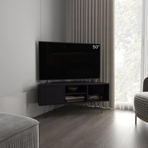 English Elm Lancaster Corner TV Stand with Two Shelves & Two Cabinets, Black MDF, Cable Management, Space-Saving Design B200P335349